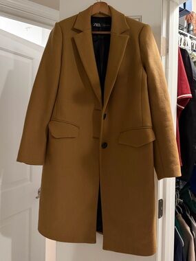 Zara Women’s Camel Wool-Blend Single-Breasted Pea Coat